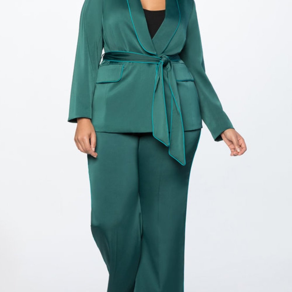 Eloquii Teal Green Satin Pantsuit with Belt